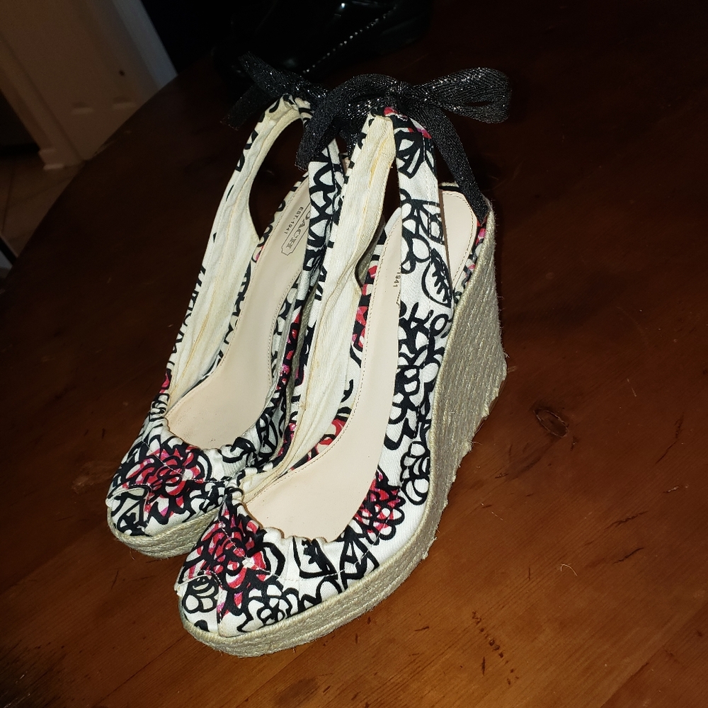 Coach Maritza pink and black poppy print espadrille wedges. Size 8